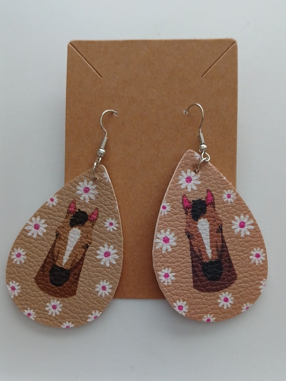 Fashion Jewelry Tan Teardrop Horse Print Earrings with Pink Flowers